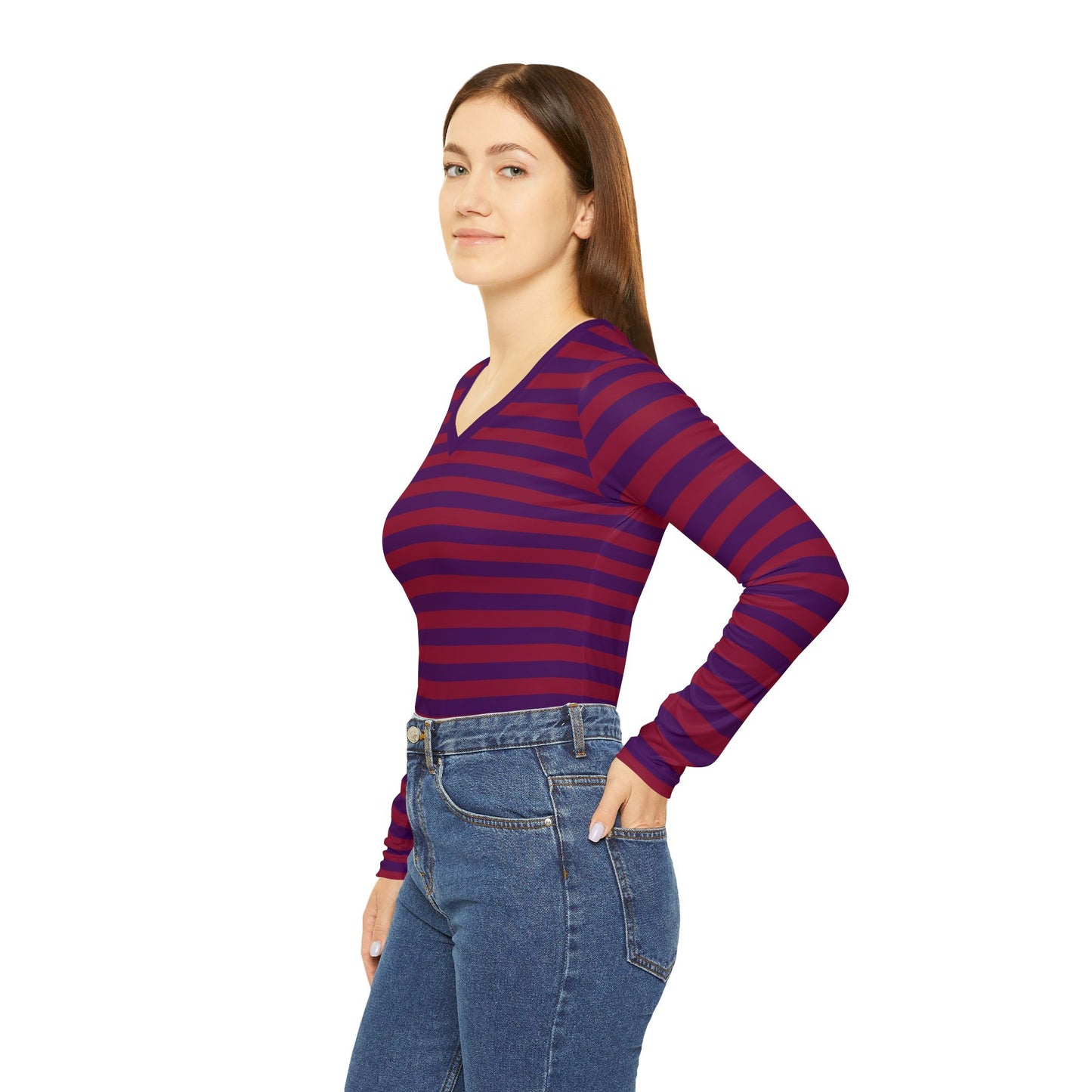 Red + Purple Skinny Striped Women's Long Sleeve V-neck Shirt