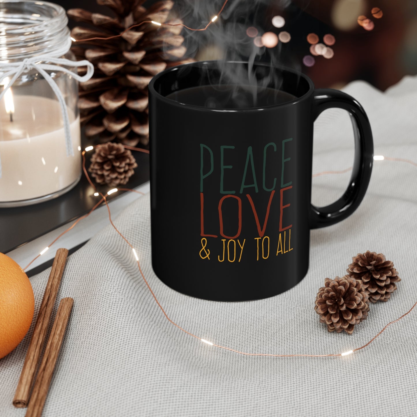 Peace, Love & Joy 11oz Black Mug