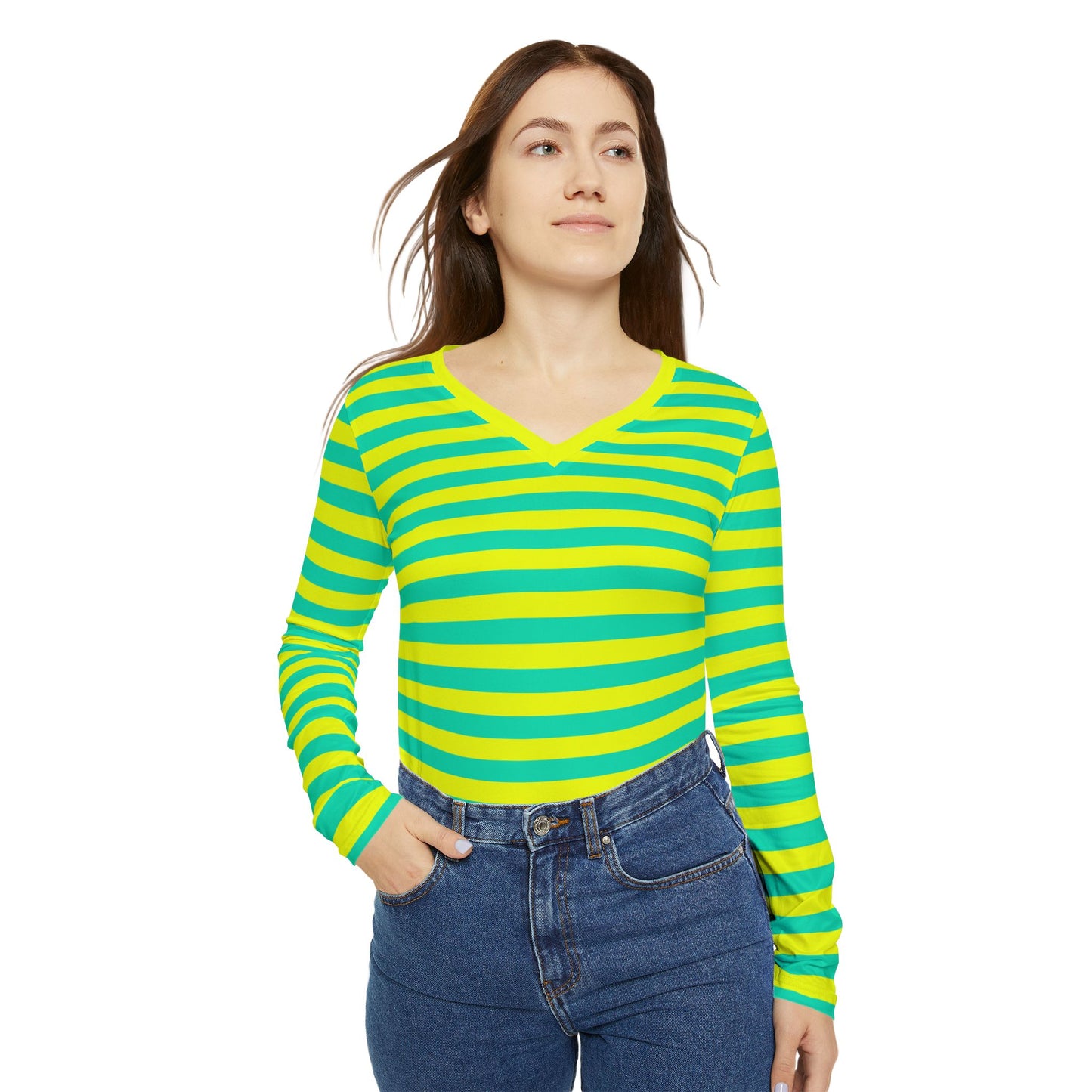 Lemon Lime Skinny Striped Women's Long Sleeve V-neck Shirt