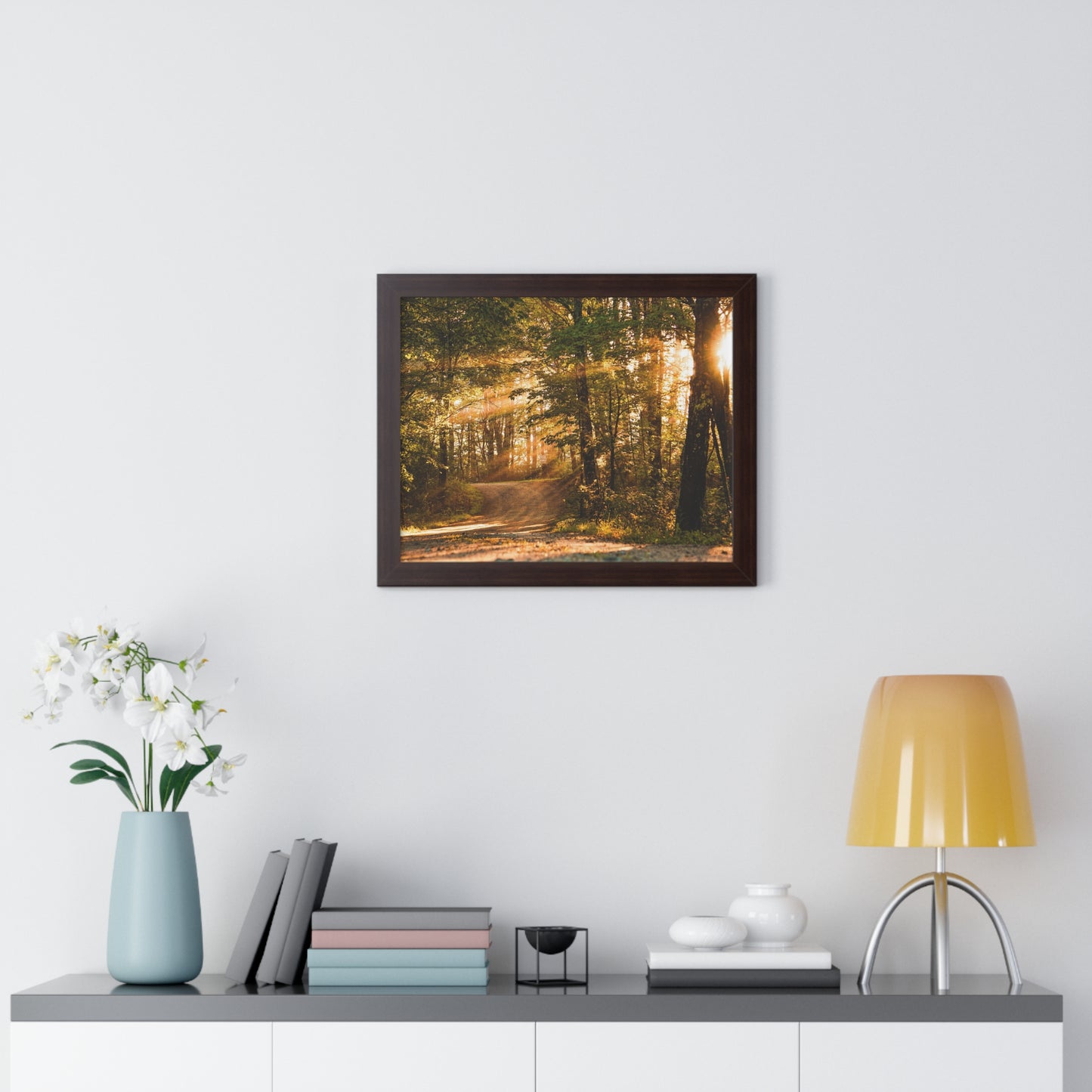 Sunbeams Streaming Onto Forest Path Framed Matte Print