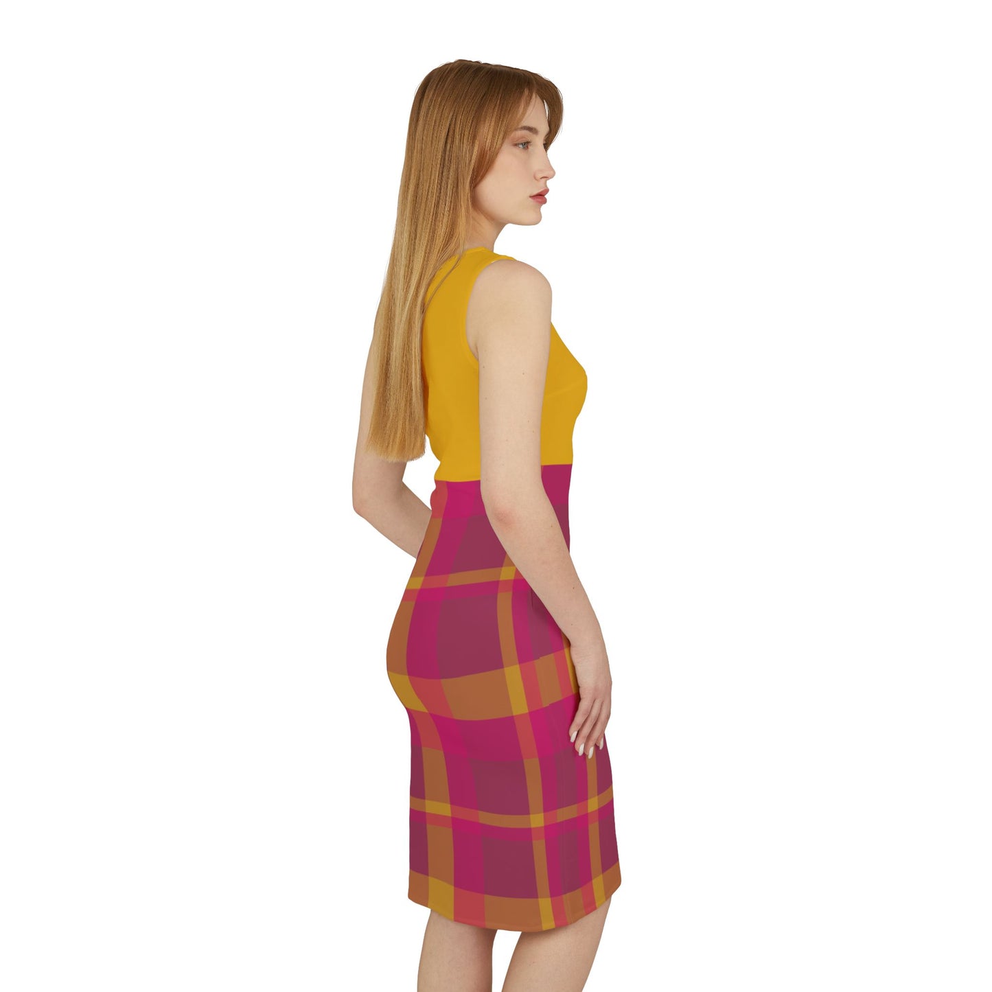 Pink + Yellow Plaid Women's Asymmetrical Shoulder Dress