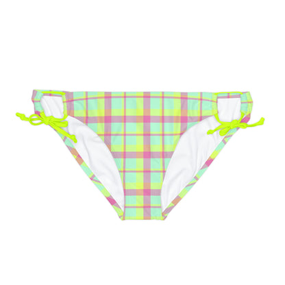 Neon Green + Pink Plaid Women's String Bikini Bottom
