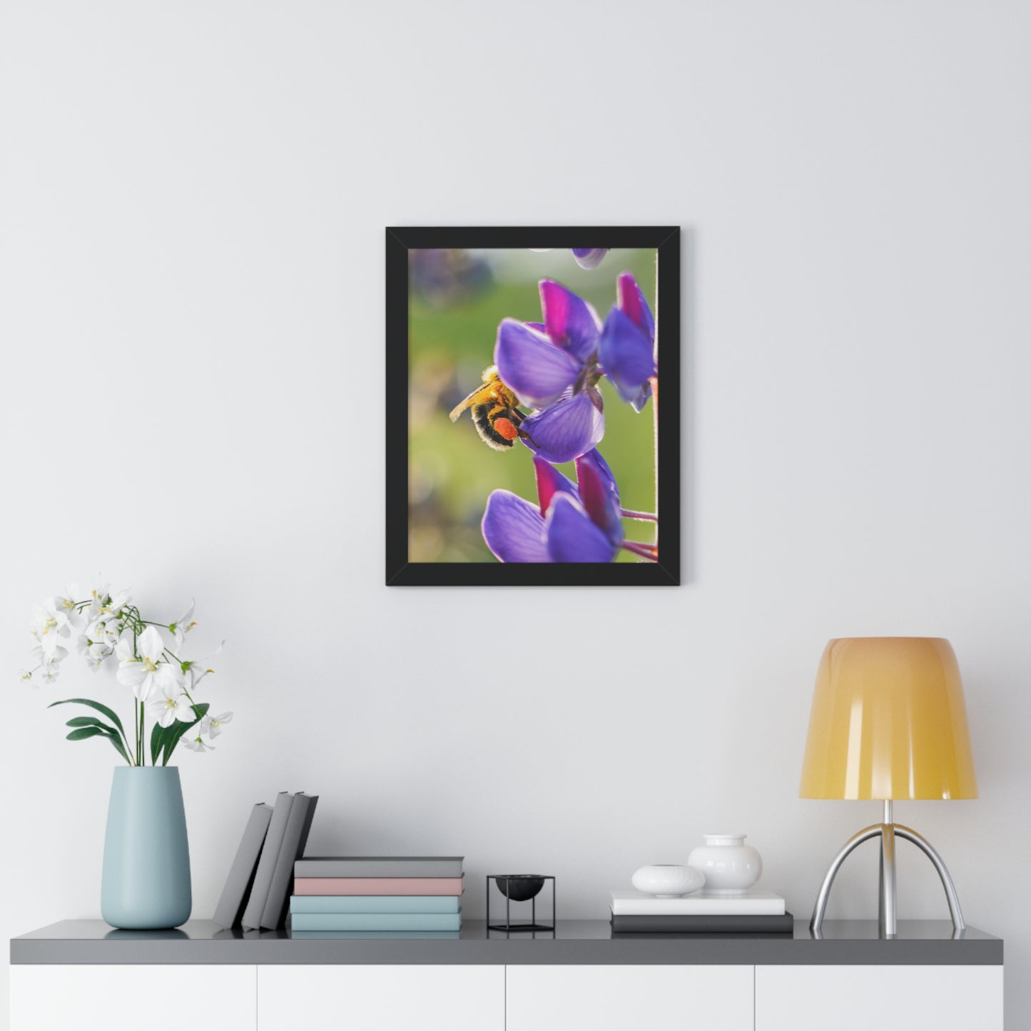 Bumble Bee Pollinates Lupine Flowers Framed Matte Print