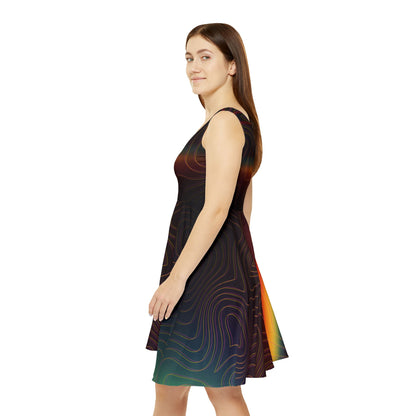 Woman wearing a sleeveless dress with a colorful rainbow pattern on a white background