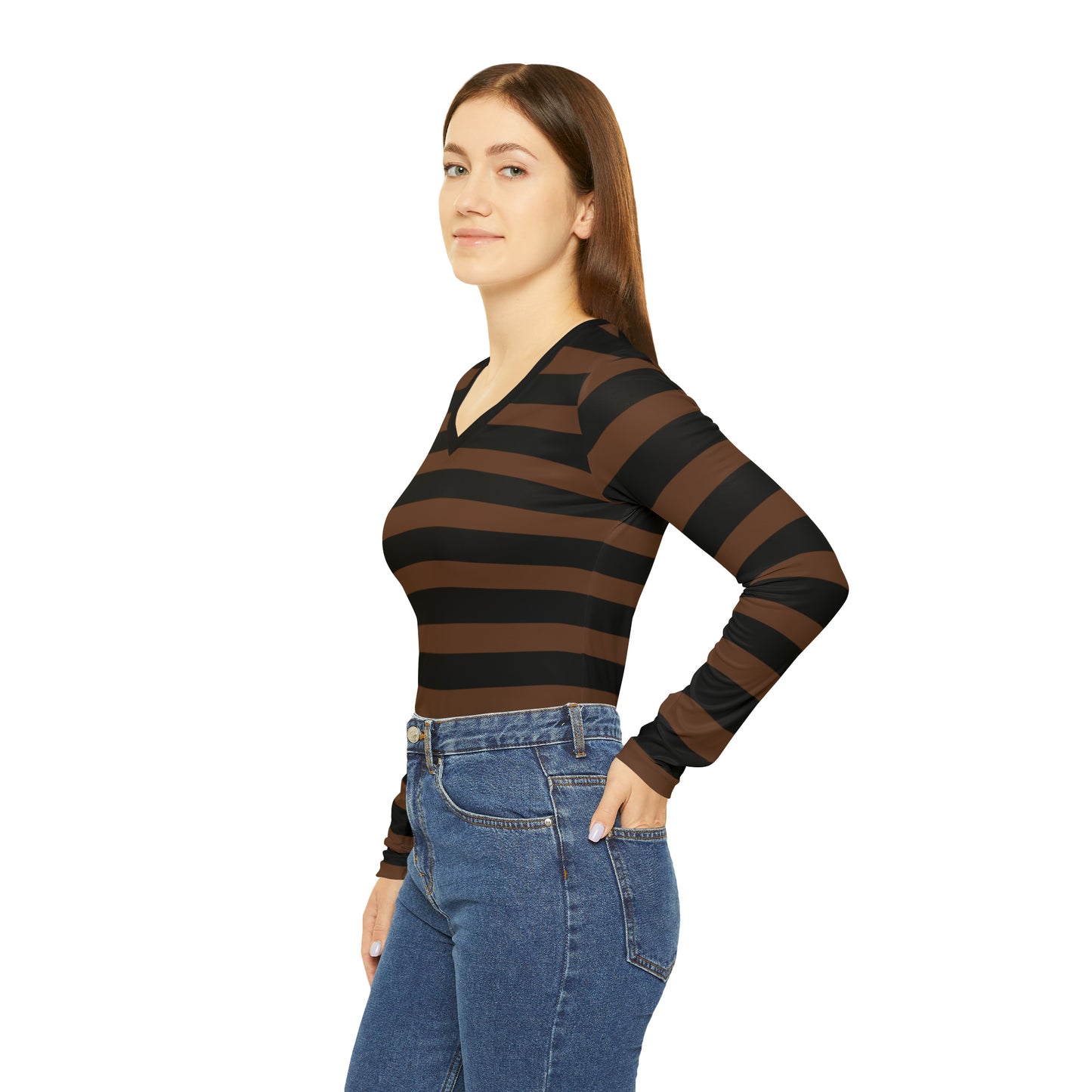 Brown + Black Striped Women's Long Sleeve V-neck Shirt