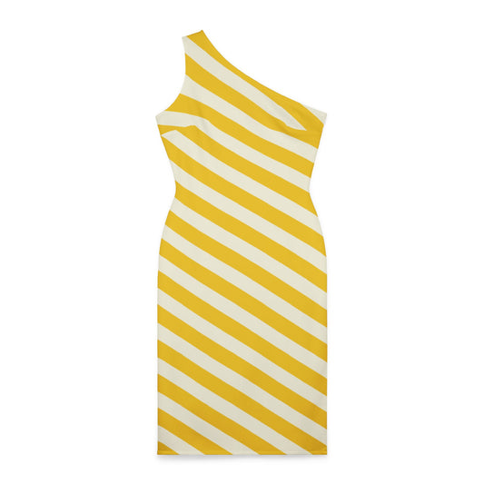 Lemony Yellow Stripes Women's Asymmetrical Shoulder Dress