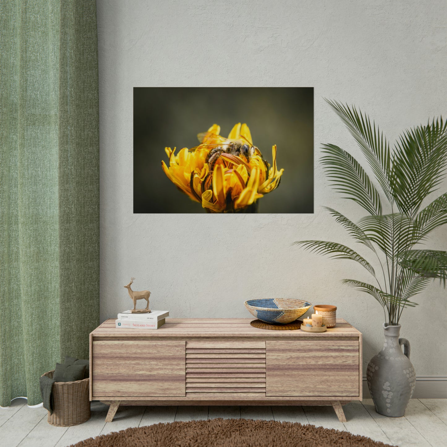 Macro Bee Pollinating Dandelion Fine Art Print