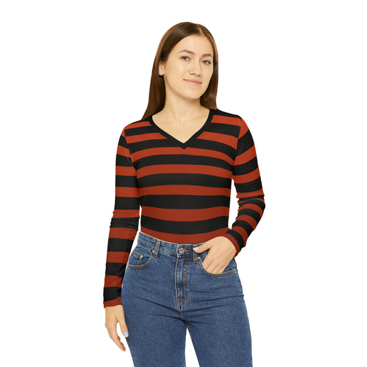 Earthy Red + Black Striped Women's Long Sleeve V-neck Shirt