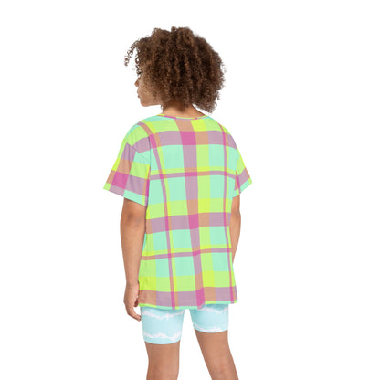 Neon Green + Pink Funky Plaid Kids' Poly Tee