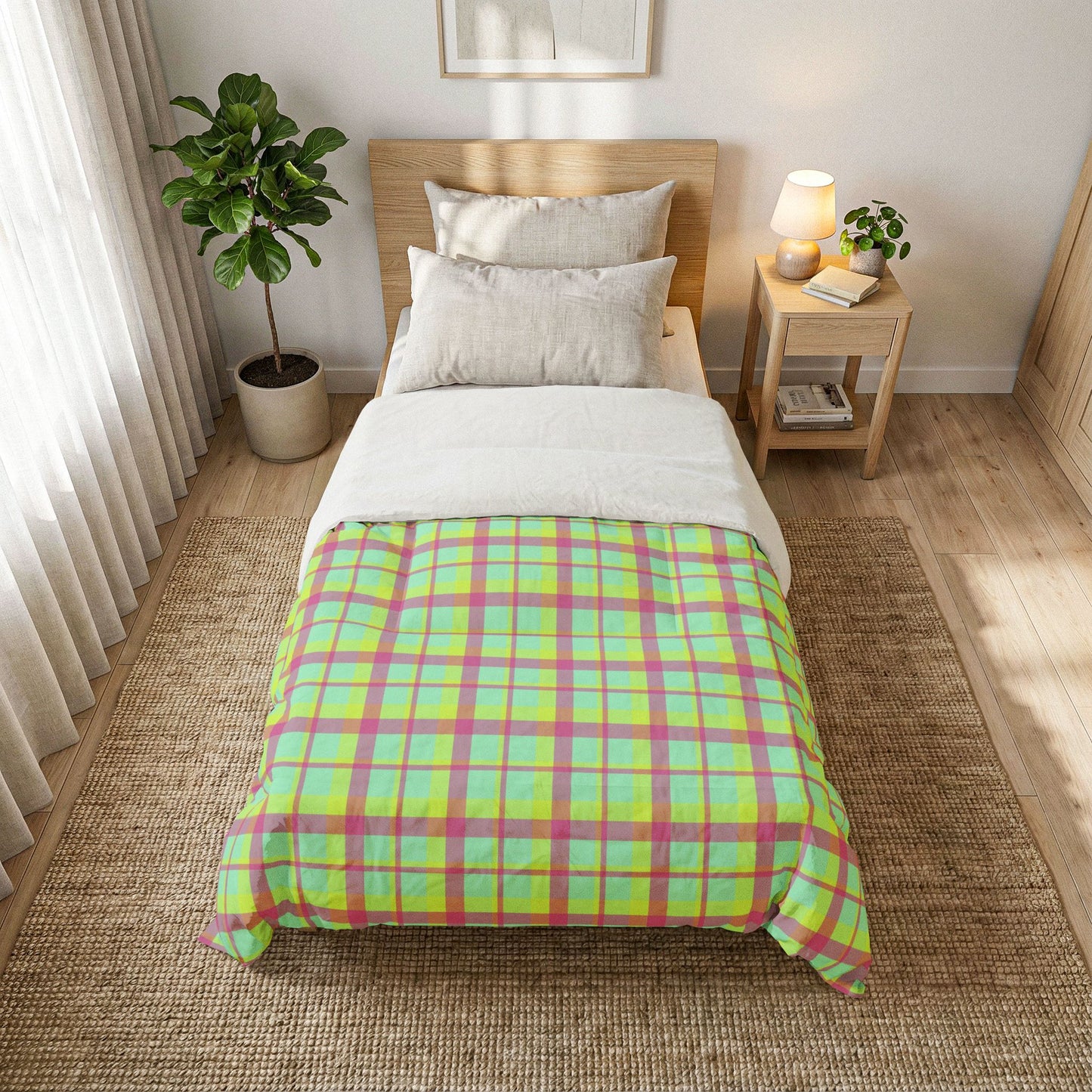 Neon Green + Pink Plaid 100% Cotton Comforter