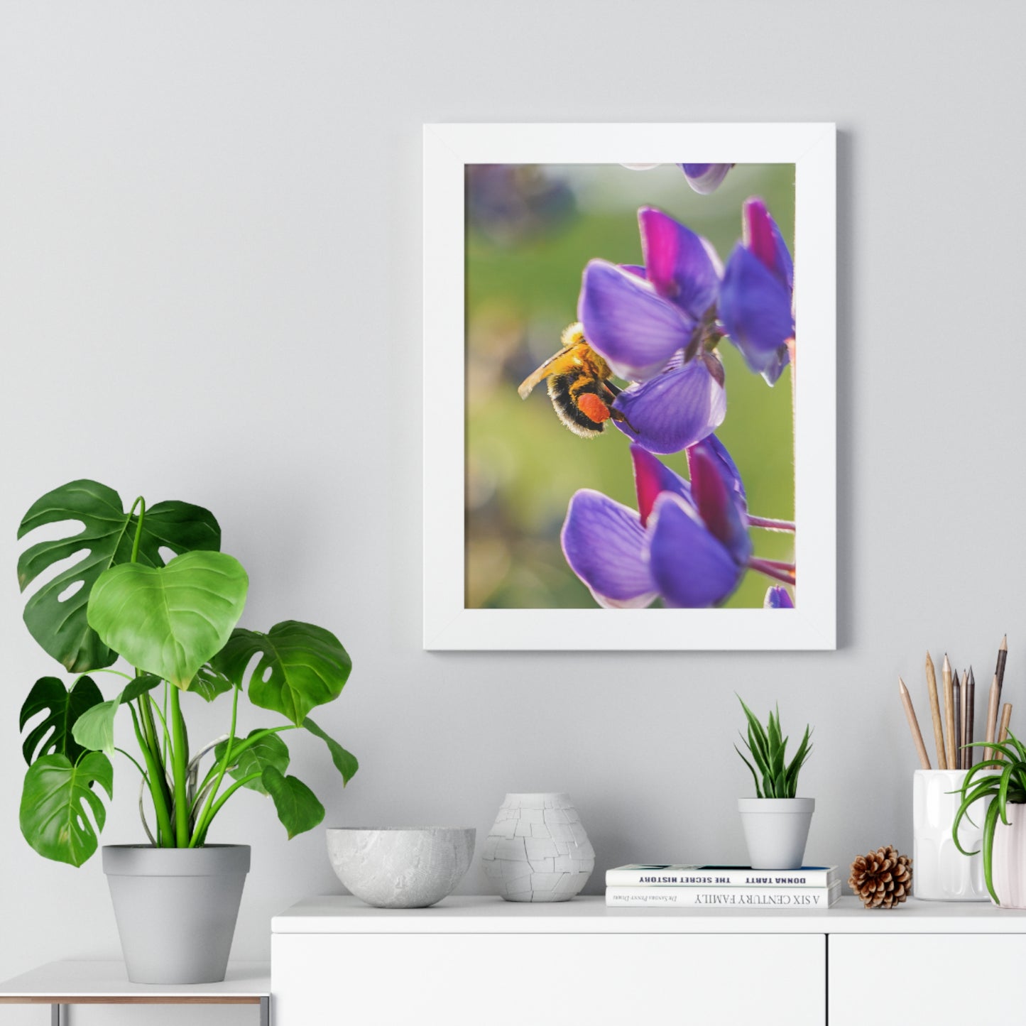 Bumble Bee Pollinates Lupine Flowers Framed Matte Print