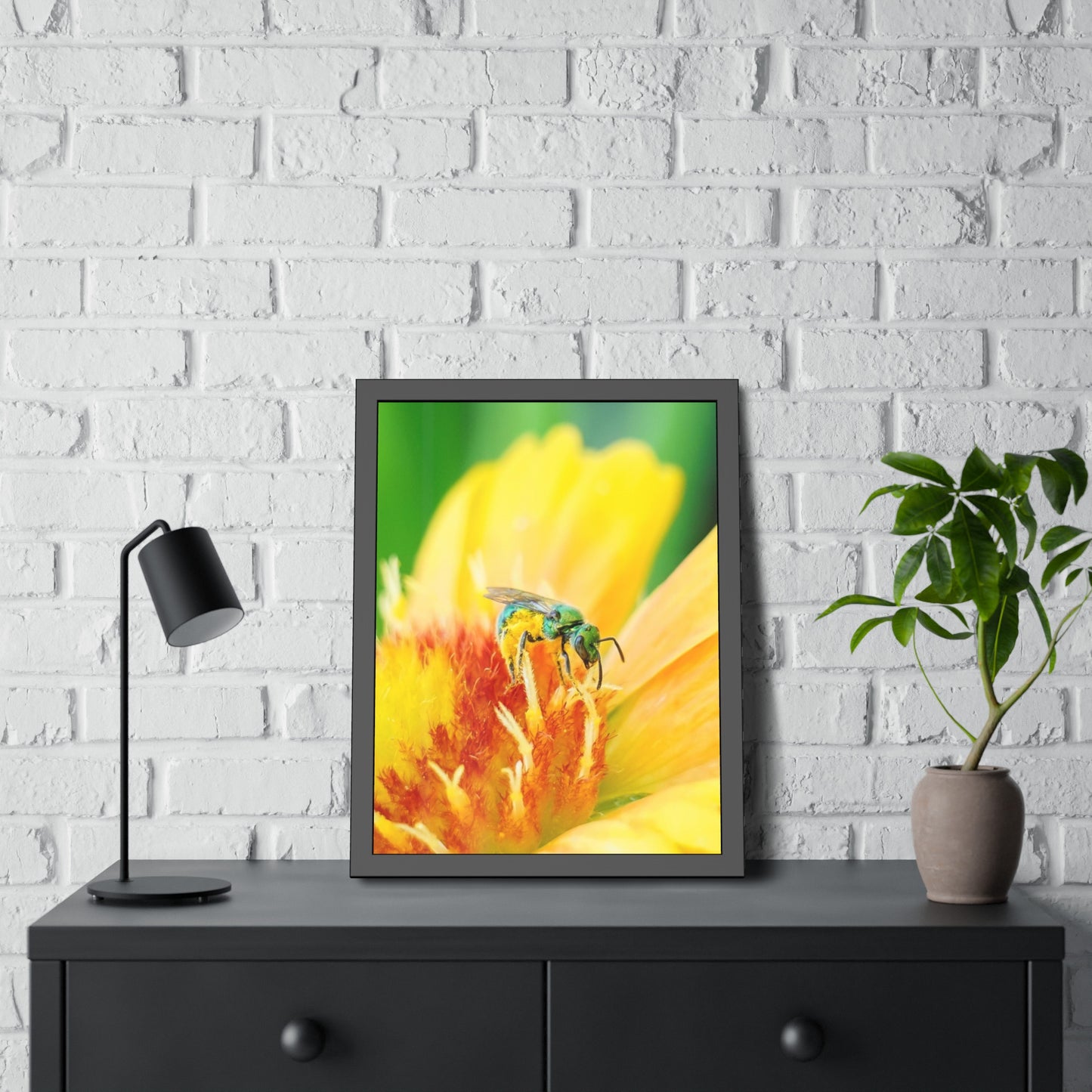 Metallic Green Bee Framed Print | Nature Photography