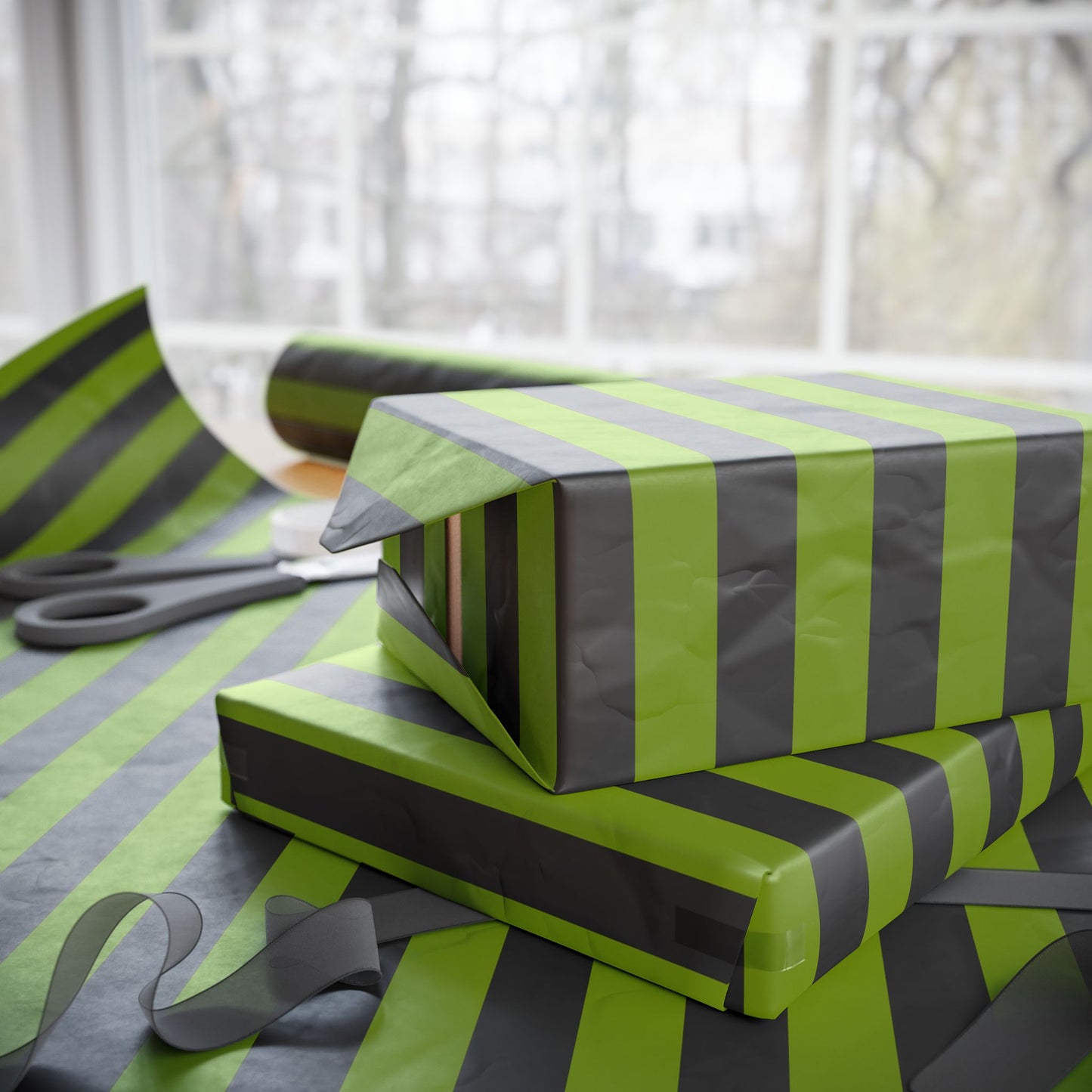 Avocado Green Striped Wrapping Paper Roll (3 sizes)