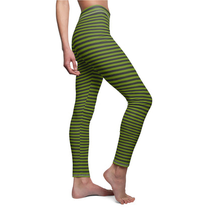 Avocado Green Skinny Striped Women's Super Soft Leggings
