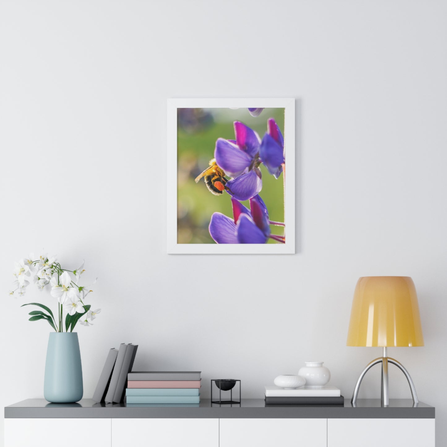 Bumble Bee Pollinates Lupine Flowers Framed Matte Print