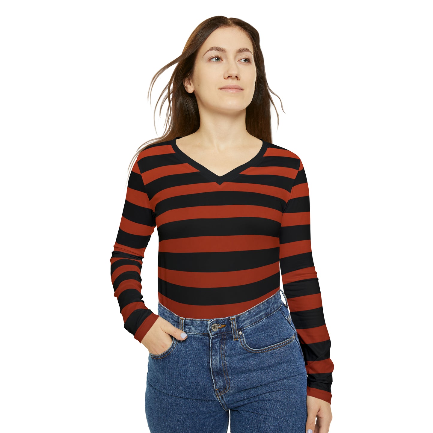 Earthy Red + Black Striped Women's Long Sleeve V-neck Shirt