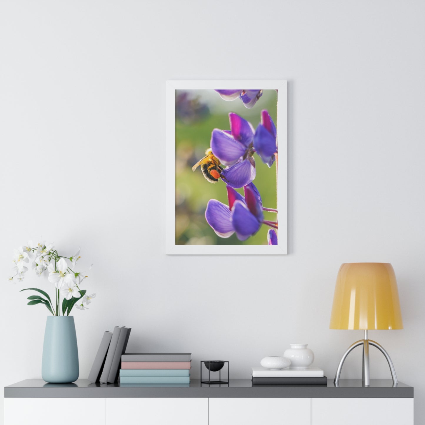 Bumble Bee Pollinates Lupine Flowers Framed Matte Print