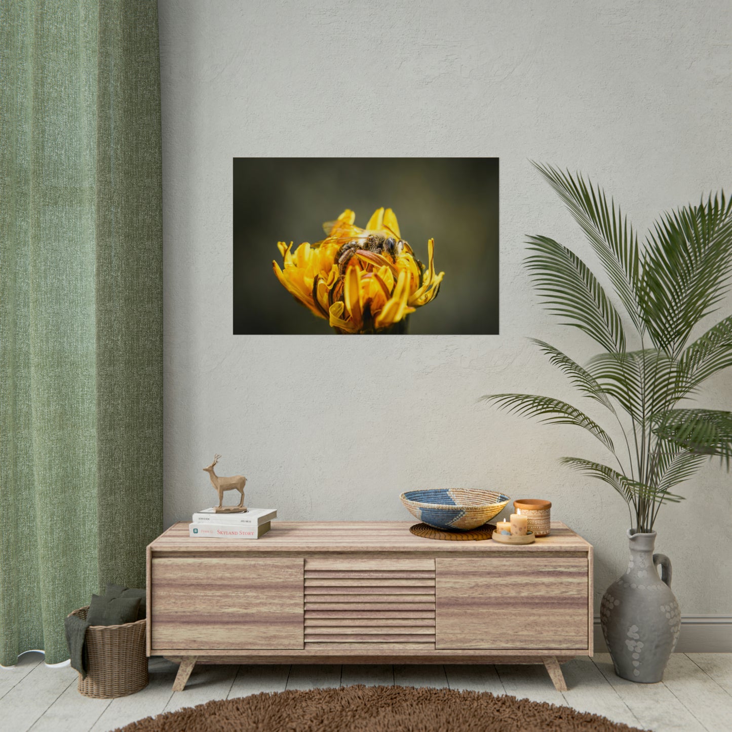 Macro Bee Pollinating Dandelion Fine Art Print