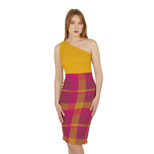 Pink + Yellow Plaid Women's Asymmetrical Shoulder Dress