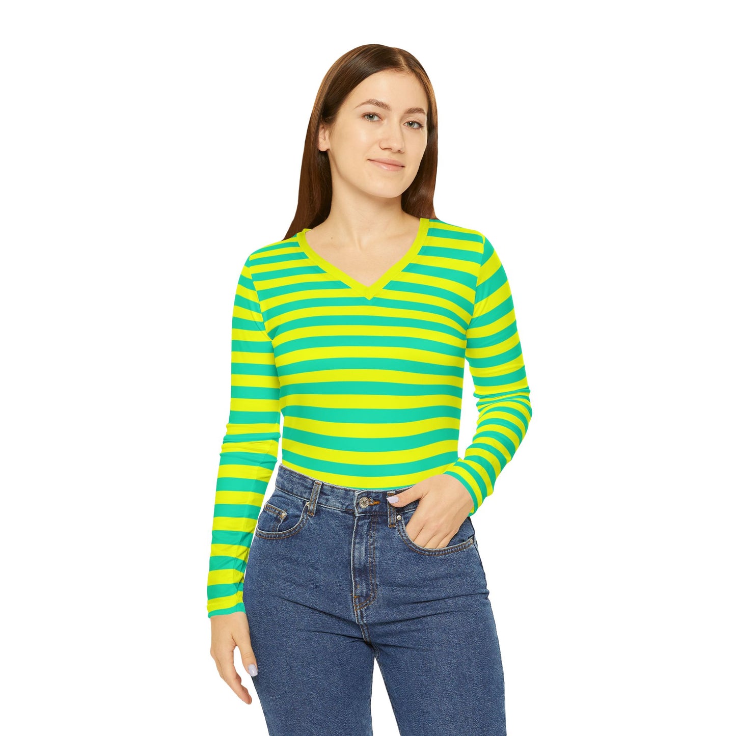 Lemon Lime Skinny Striped Women's Long Sleeve V-neck Shirt