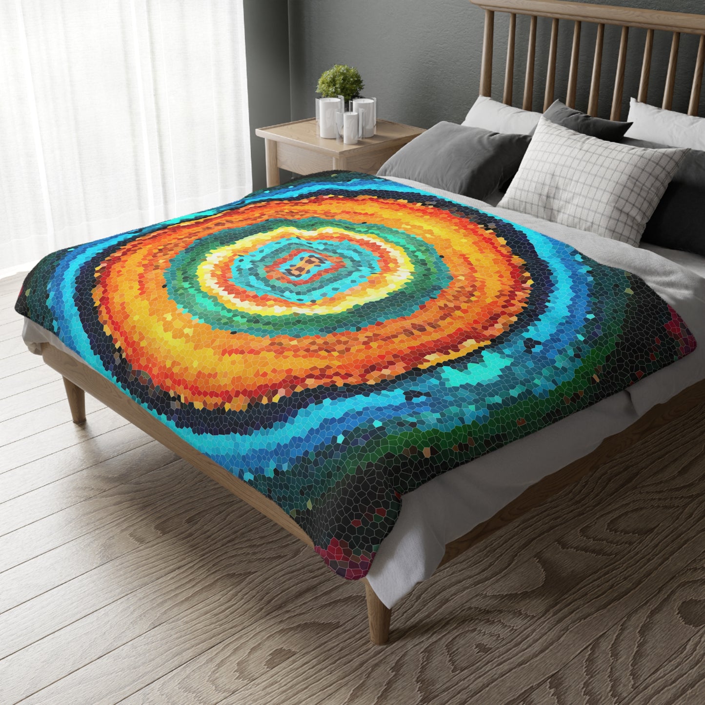 Pixel Mosaic Teal Orange Faux Mink Velveteen Blanket