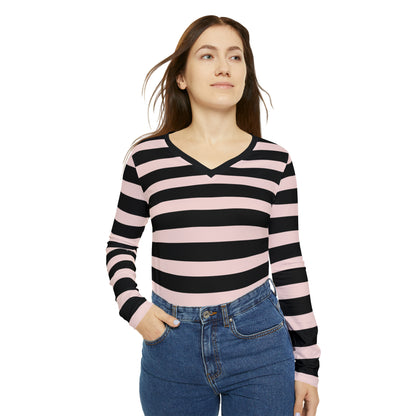 Gently Pink + Black Striped Women's Long Sleeve V-neck Shirt