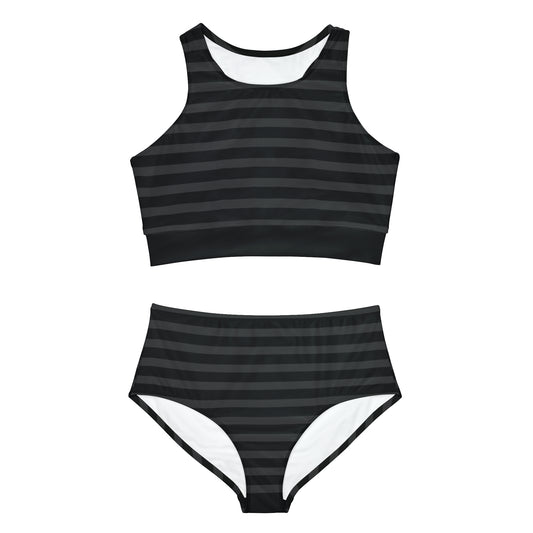 Black + Gray Striped Full-Coverage Bikini Set