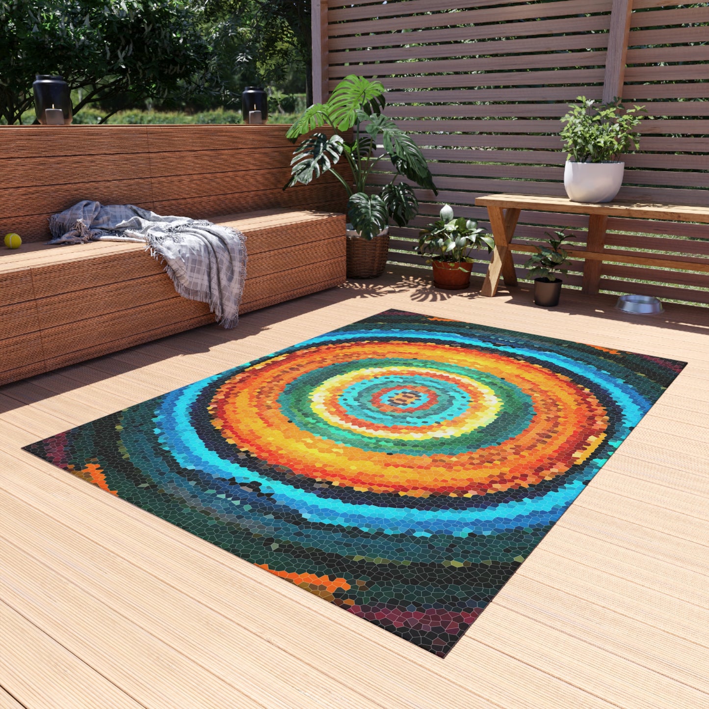 Pixel Mosaic Teal Orange Outdoor Rug