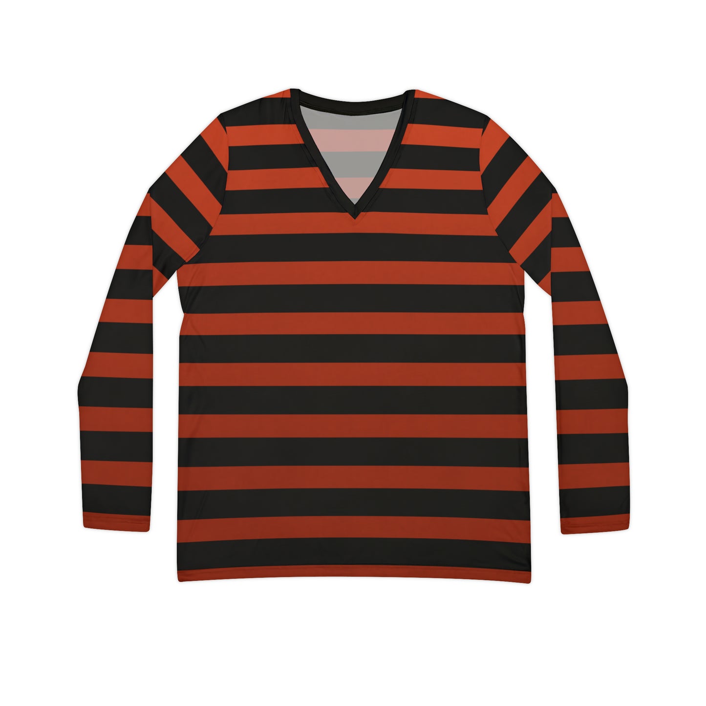 Earthy Red + Black Striped Women's Long Sleeve V-neck Shirt