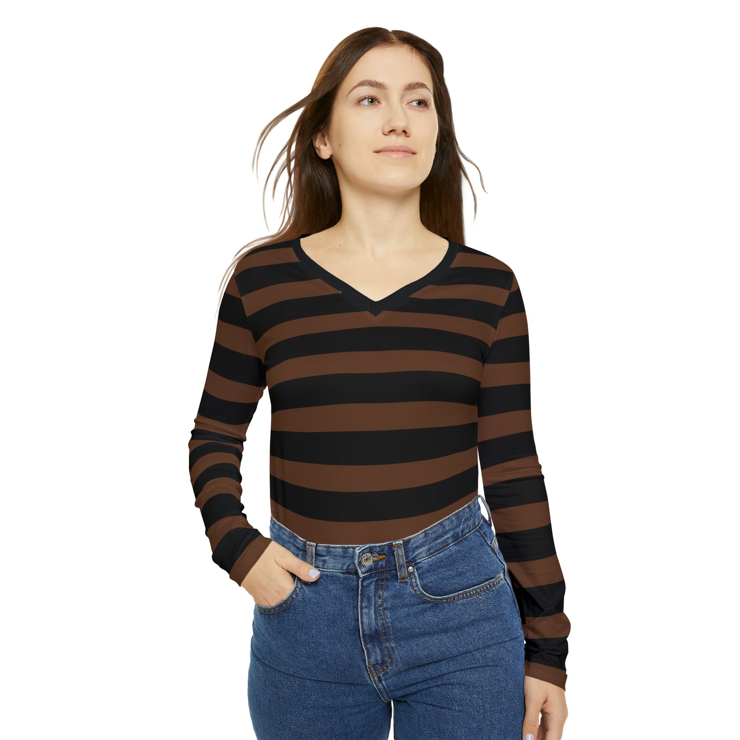 Brown + Black Striped Women's Long Sleeve V-neck Shirt