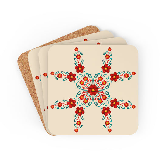 Painted Summer Flowers 4-Piece Corkwood Coaster Set