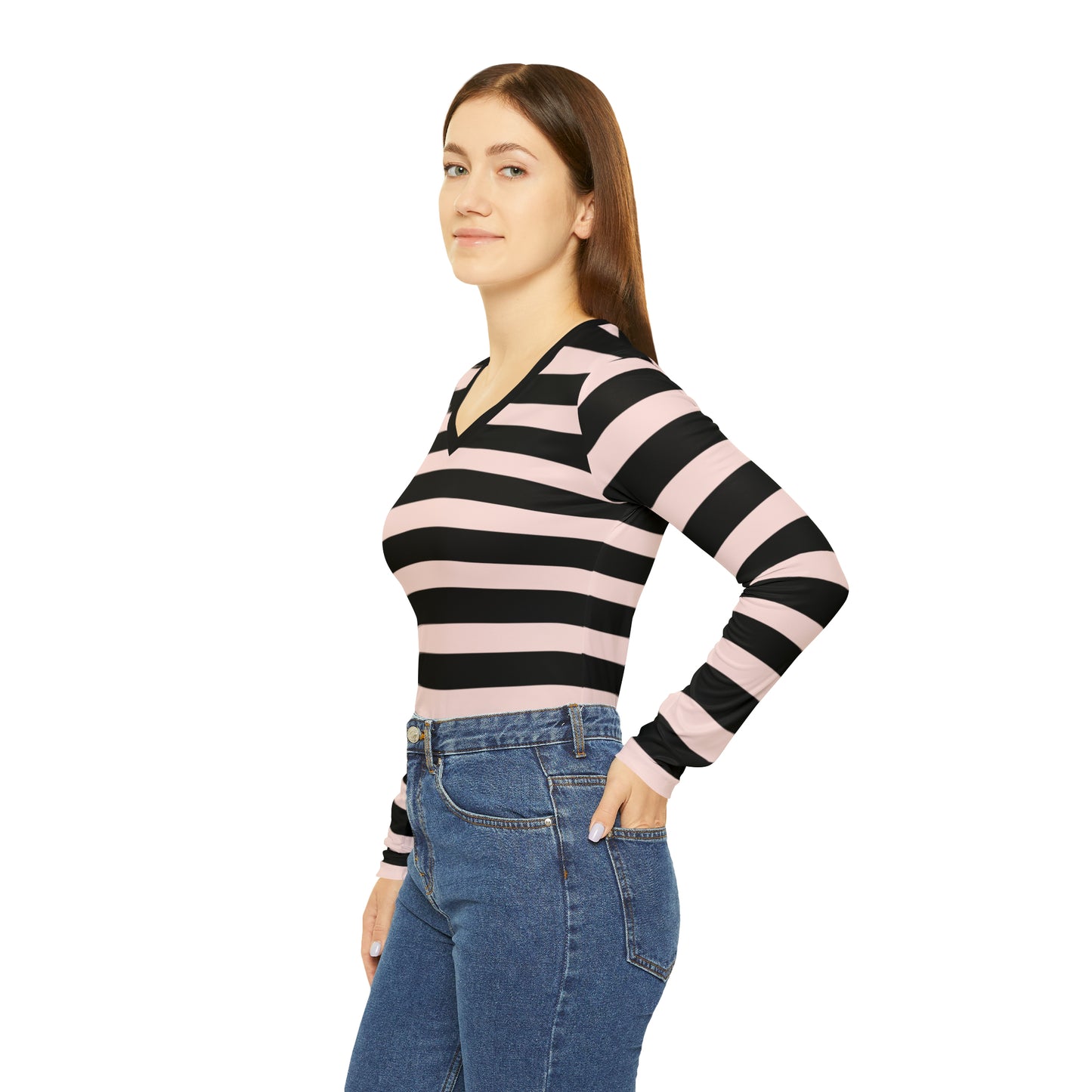 Gently Pink + Black Striped Women's Long Sleeve V-neck Shirt