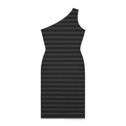 Black + Gray Striped Women's Asymmetrical Shoulder Dress