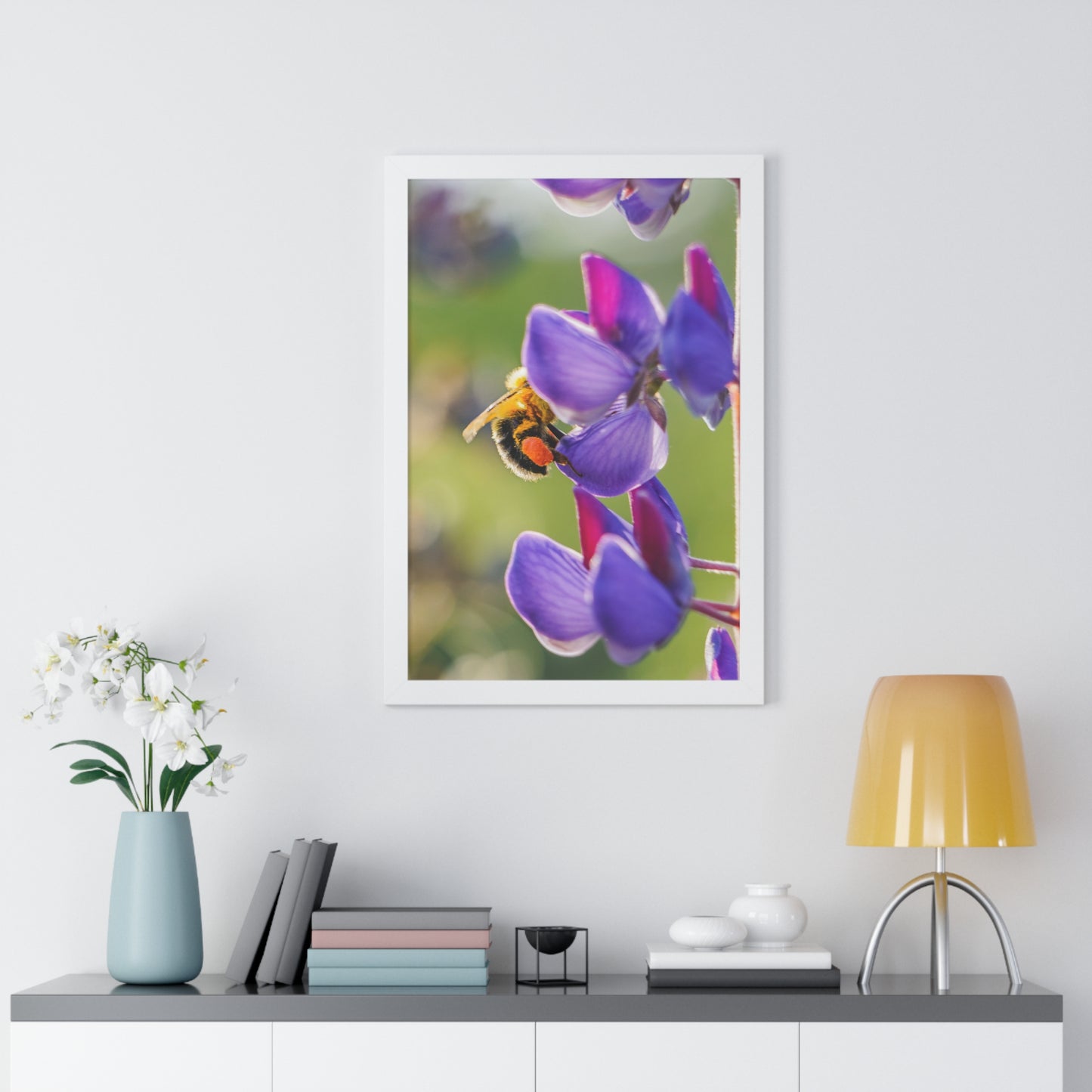 Bumble Bee Pollinates Lupine Flowers Framed Matte Print