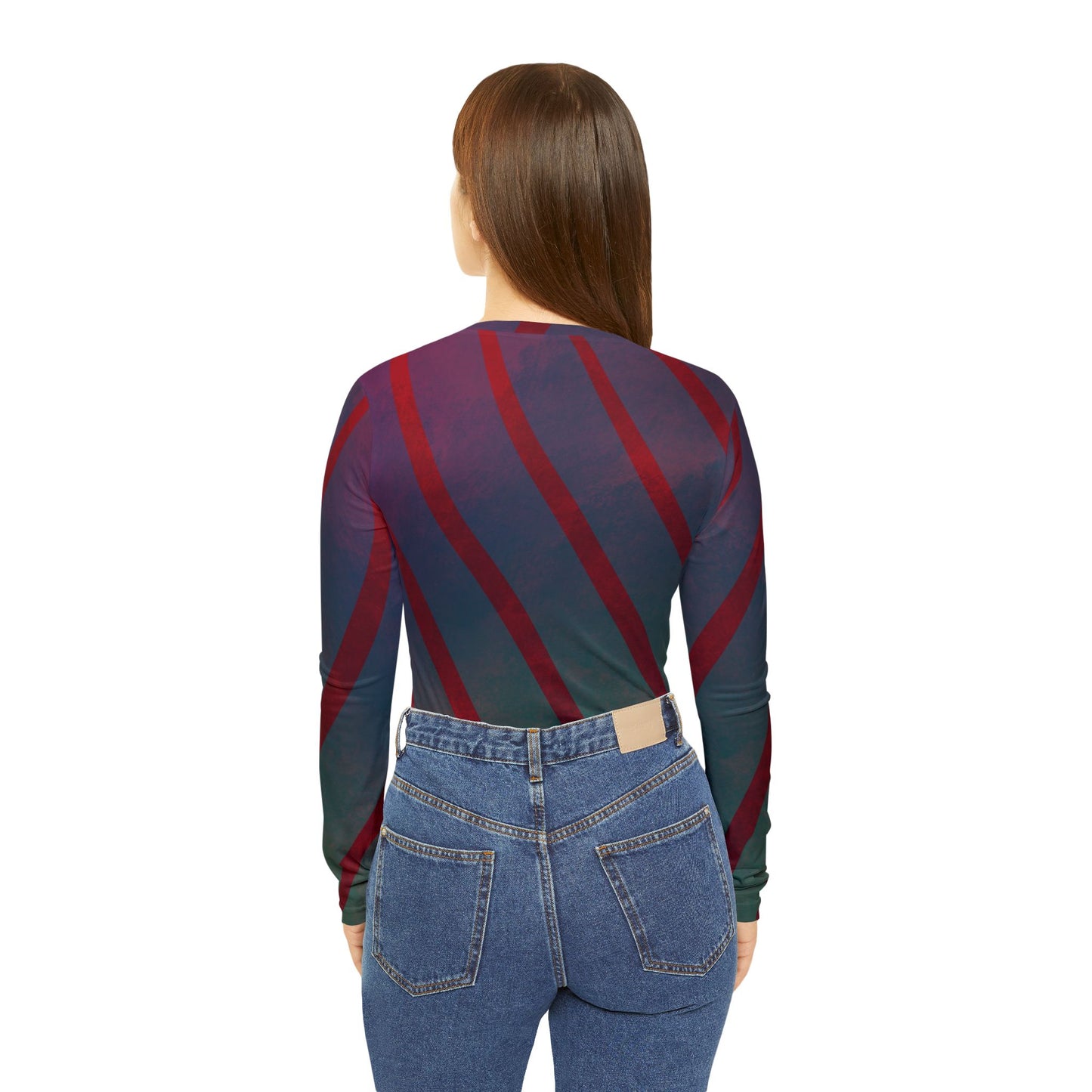 Red + Teal Illusion Wave Stripes Women's Long Sleeve V-Neck Shirt