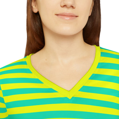 Lemon Lime Skinny Striped Women's Long Sleeve V-neck Shirt