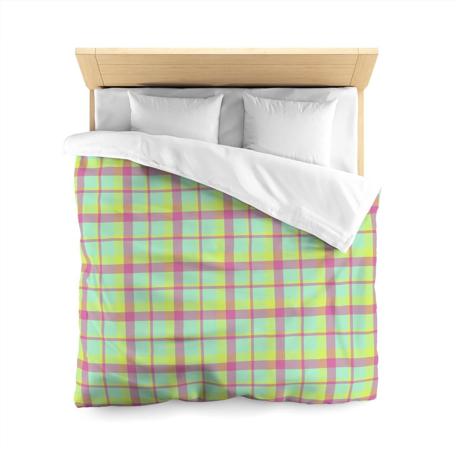 Neon Green + Pink Plaid Woven Duvet Cover