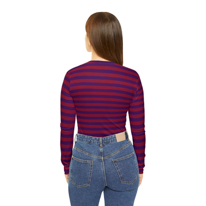 Red + Purple Skinny Striped Women's Long Sleeve V-neck Shirt