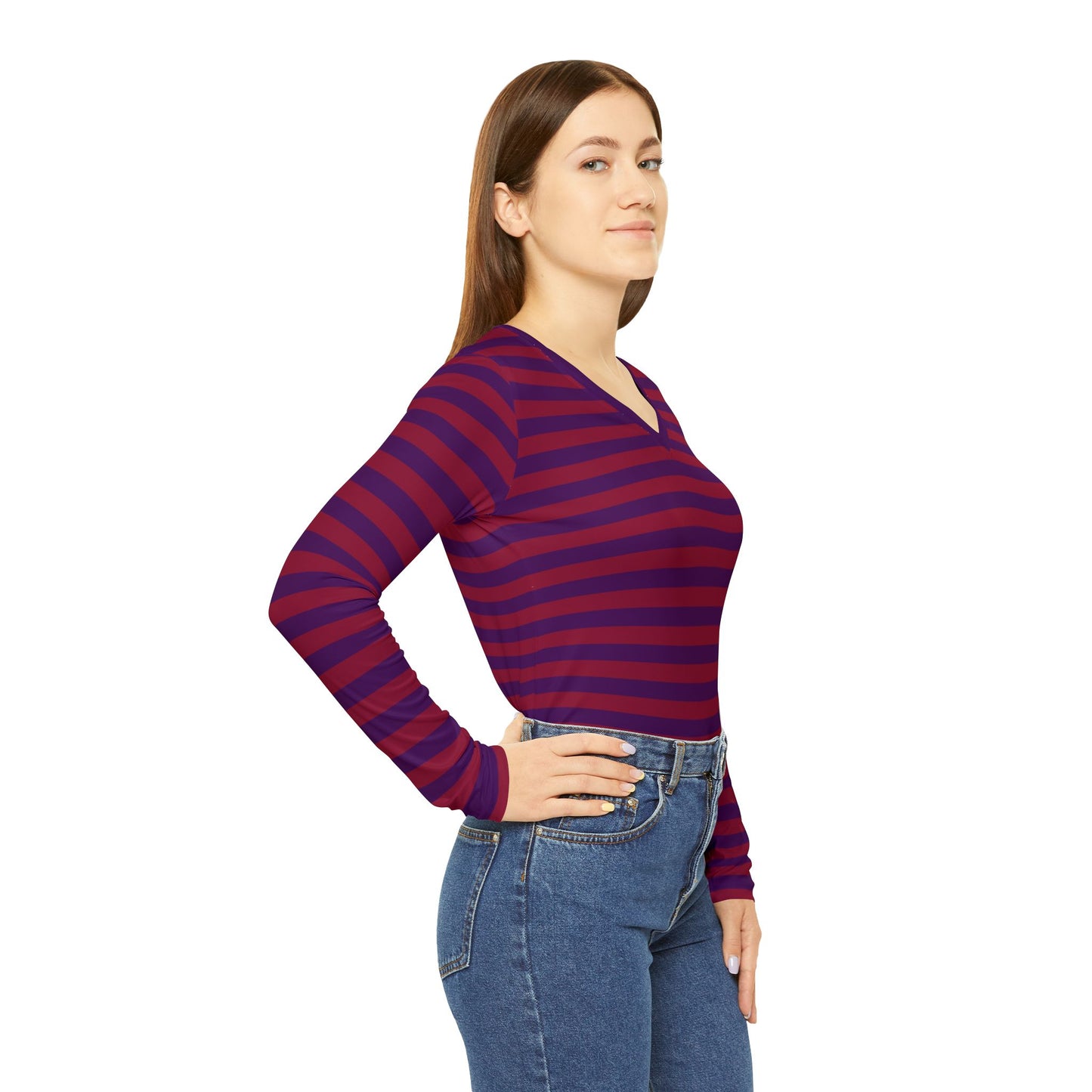 Red + Purple Skinny Striped Women's Long Sleeve V-neck Shirt