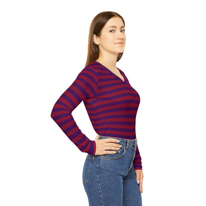Red + Purple Skinny Striped Women's Long Sleeve V-neck Shirt