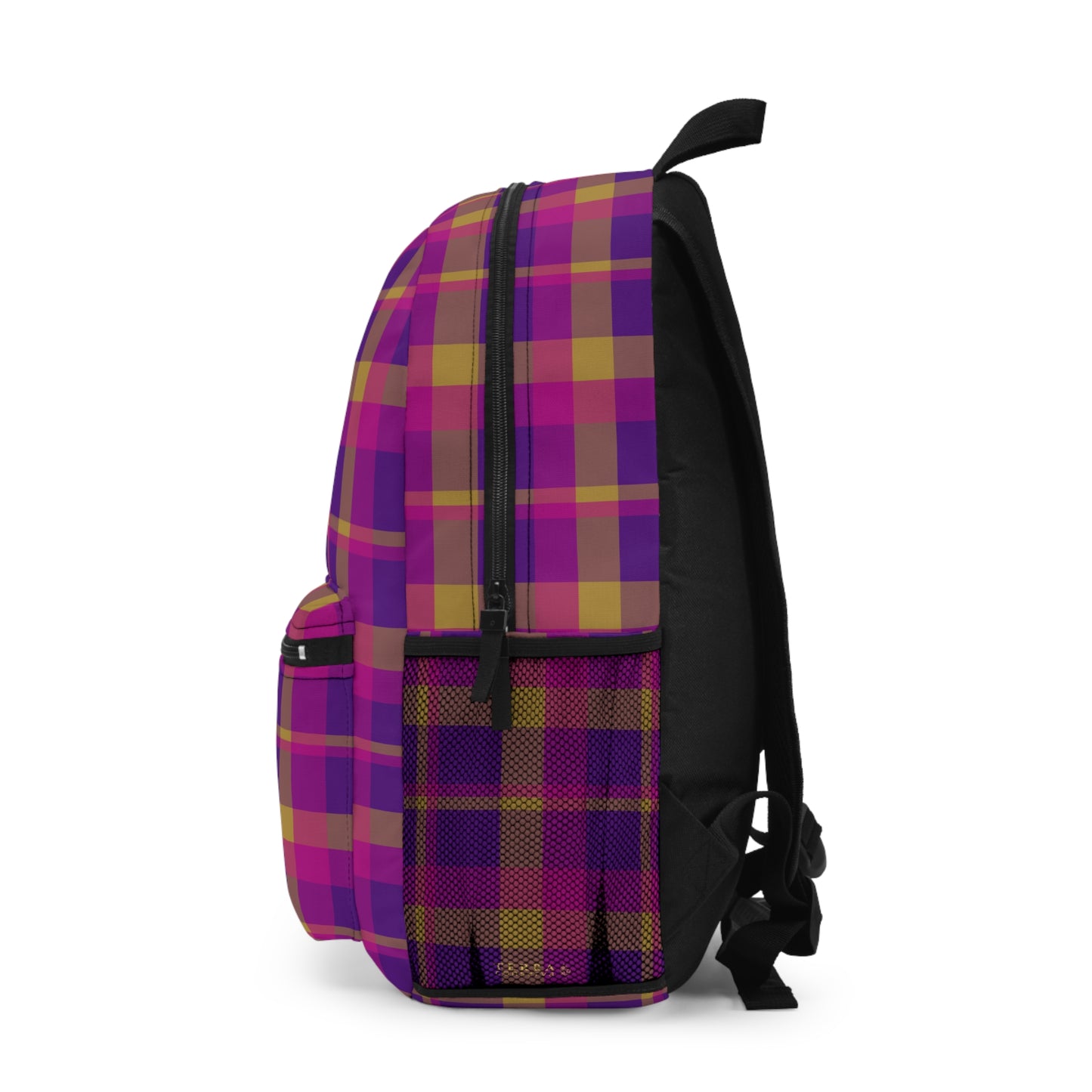 Yellow + Magenta Plaid Water-Resistant School Backpack