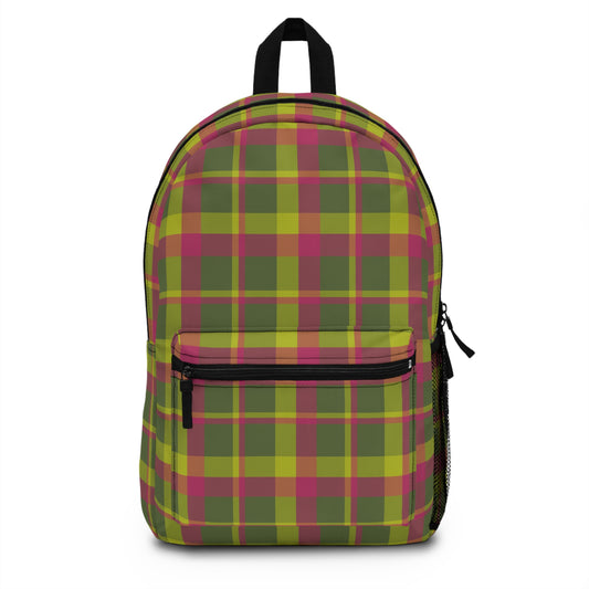 Muted Green + Pink Plaid Water-Resistant School Backpack