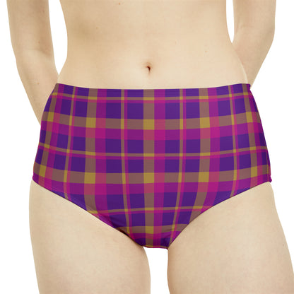 Yellow + Magenta Plaid Women's Full Coverage Bikini Bottom