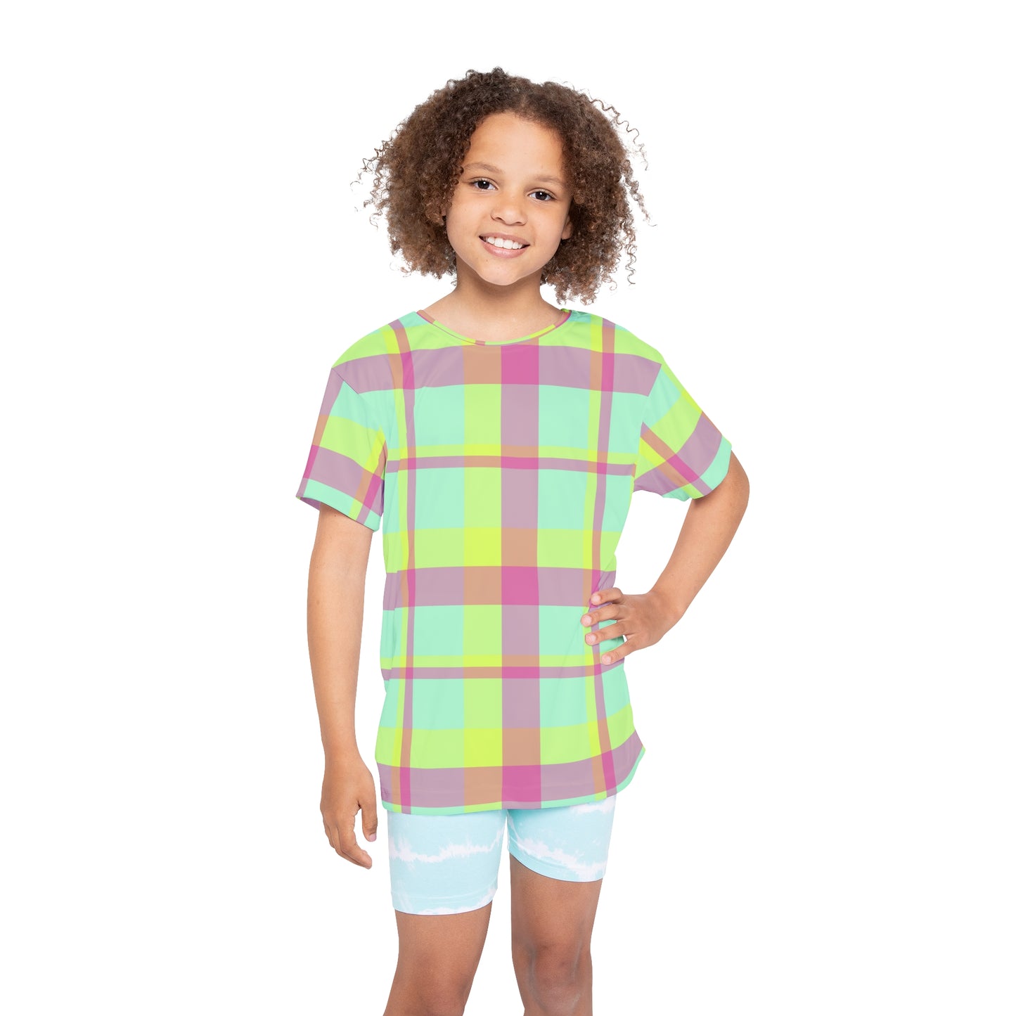 Neon Green + Pink Funky Plaid Kids' Poly Tee