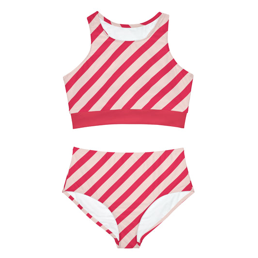 Diagonal Pink Stripes Full-Coverage Bikini Set