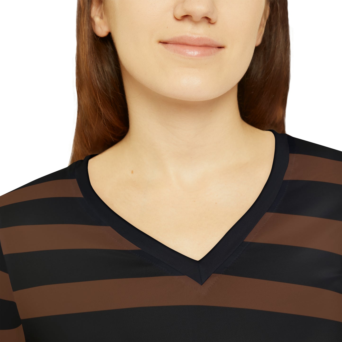 Brown + Black Striped Women's Long Sleeve V-neck Shirt