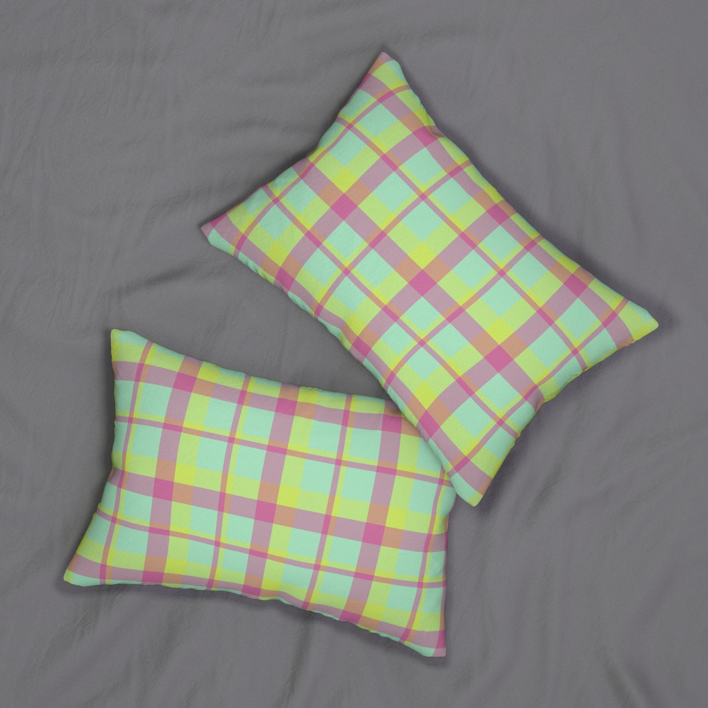 Neon Green + Pink Plaid Lumbar Pillow