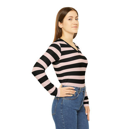 Gently Pink + Black Striped Women's Long Sleeve V-neck Shirt