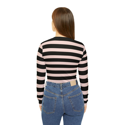 Gently Pink + Black Striped Women's Long Sleeve V-neck Shirt