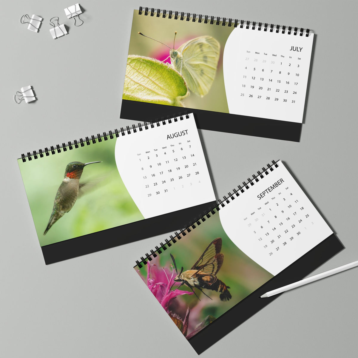 Critters of Whimsy 2027 calendar pages for July through September, featuring a cabbage white butterfly, hummingbird, and hummingbird moth